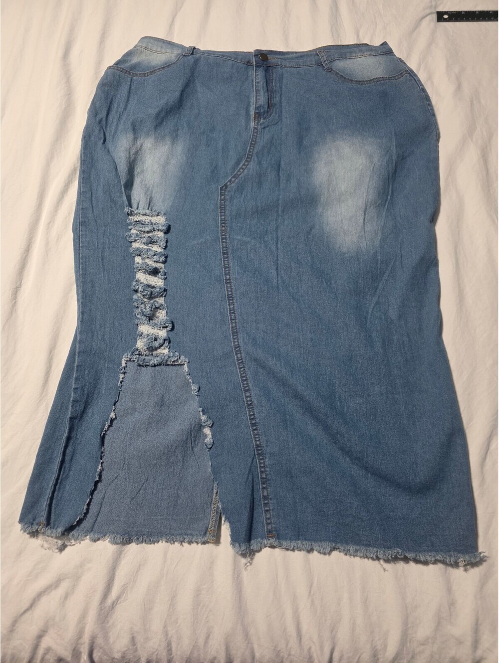 Distressed Denim Midi Skirt